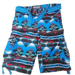 Y2K Focus Cargo Shorts Blue Navajo Print Geometric 34